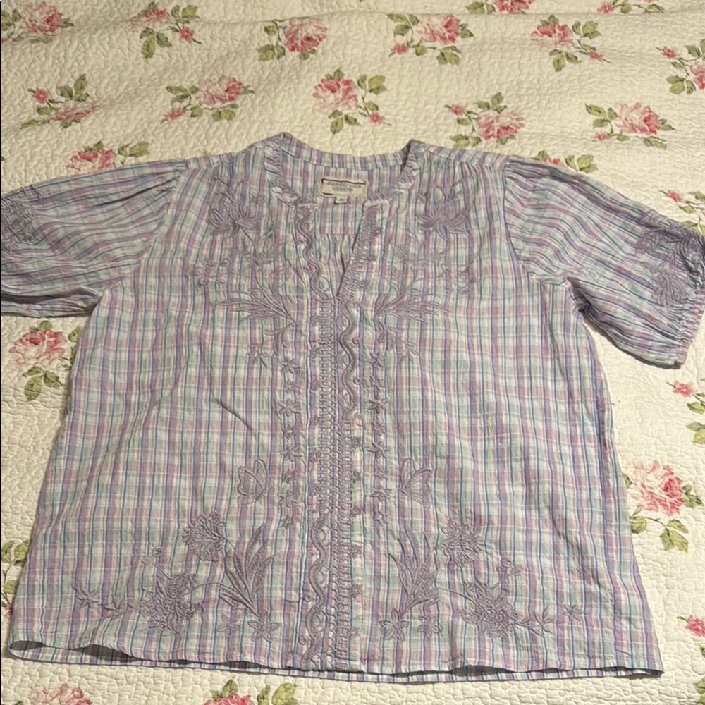 Johnny Was Workshop Purple Checkered Embroidered Top Size M
